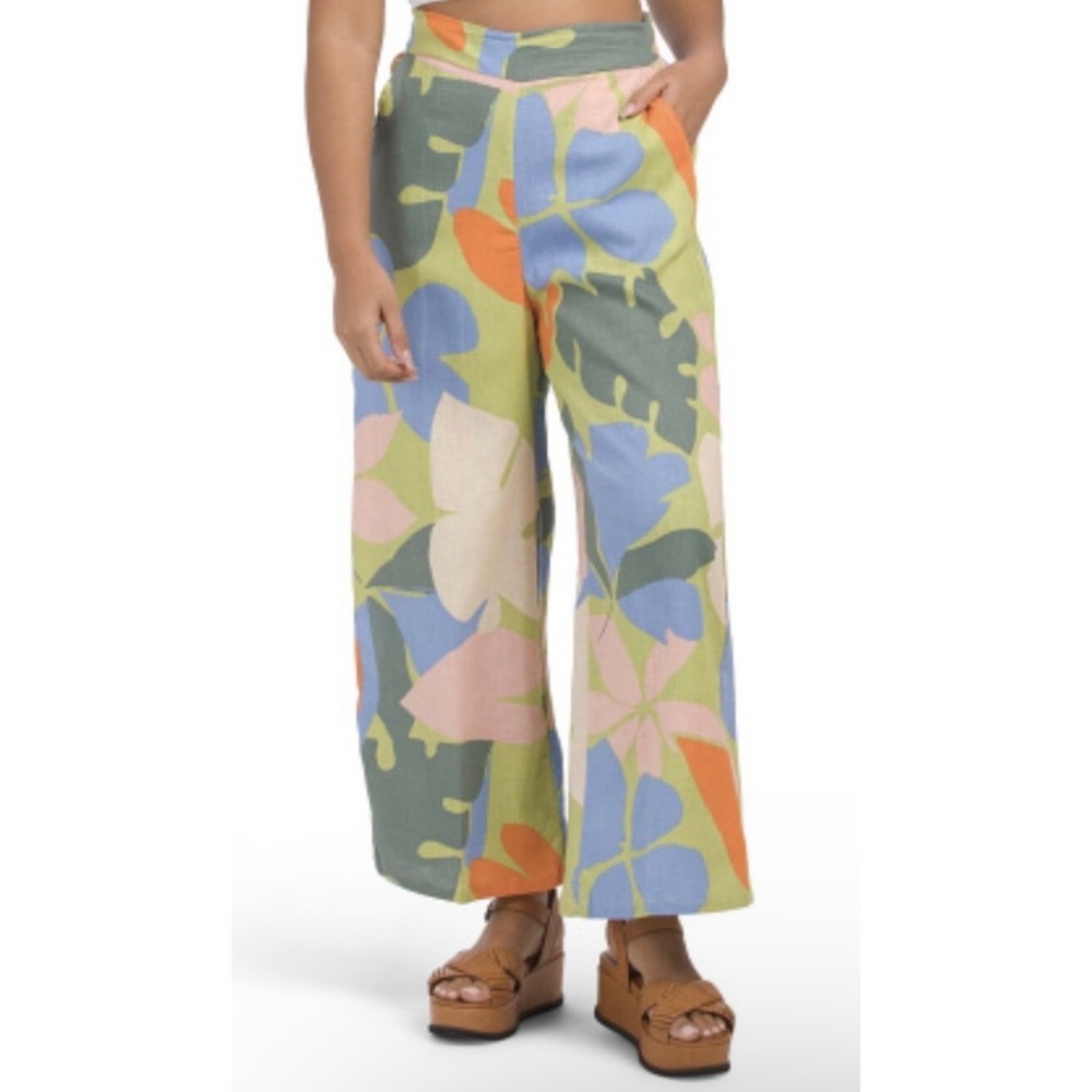 Christian Siriano New York Tropical Leaf Print Wide Leg Linen Blend Pants XS
